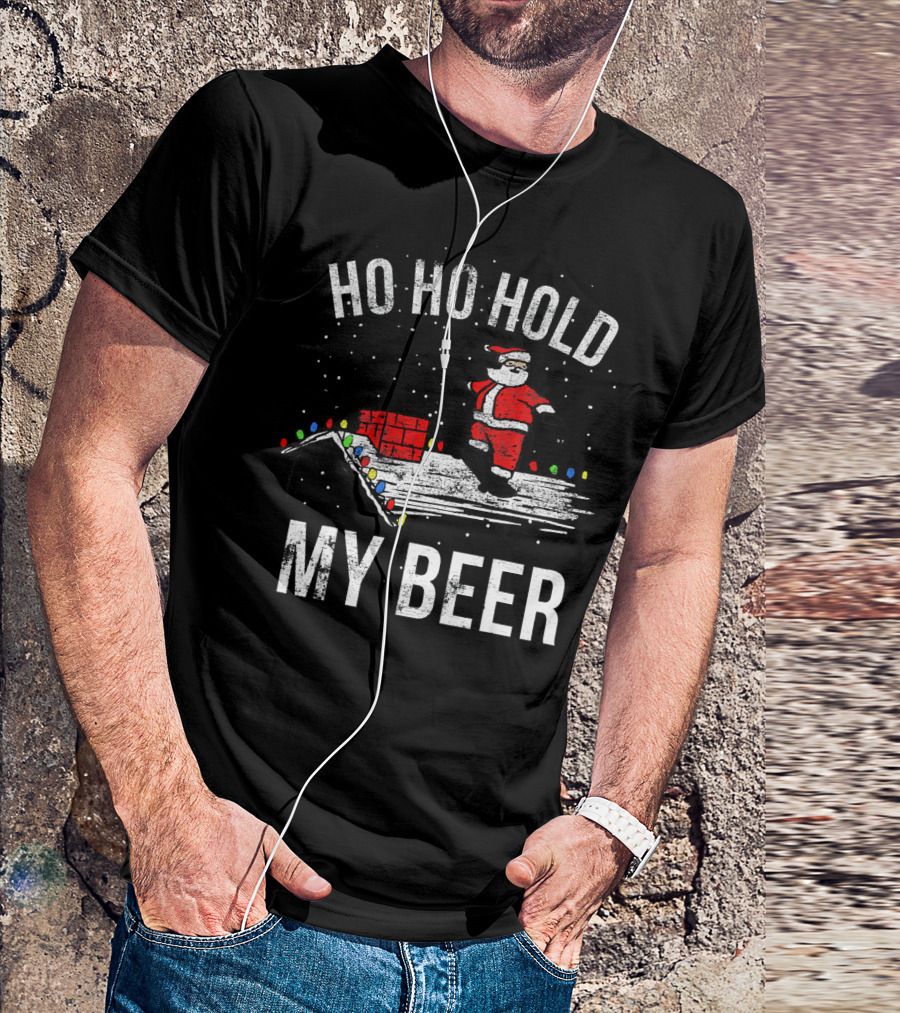 Ho Ho Hold My Beer Santa Skateboarding On Roof With Lights T-Shirt