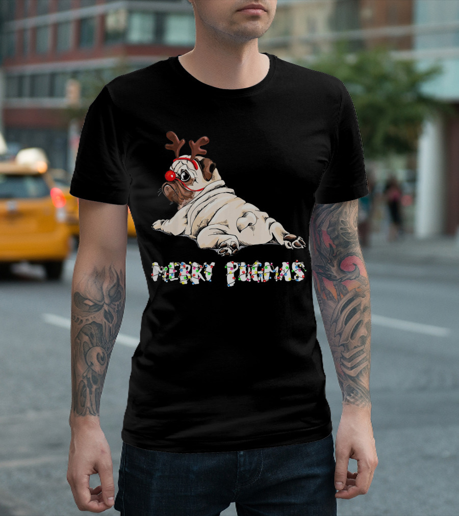 Merry Pugmas Christmas Reindeer Pug With Festive Lights For Dog Love T-Shirt