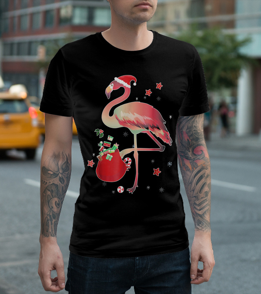 Ugly Christmas Funny Pink Flamingo with Santa Hat and Holiday Gift Bag T-Shirt
