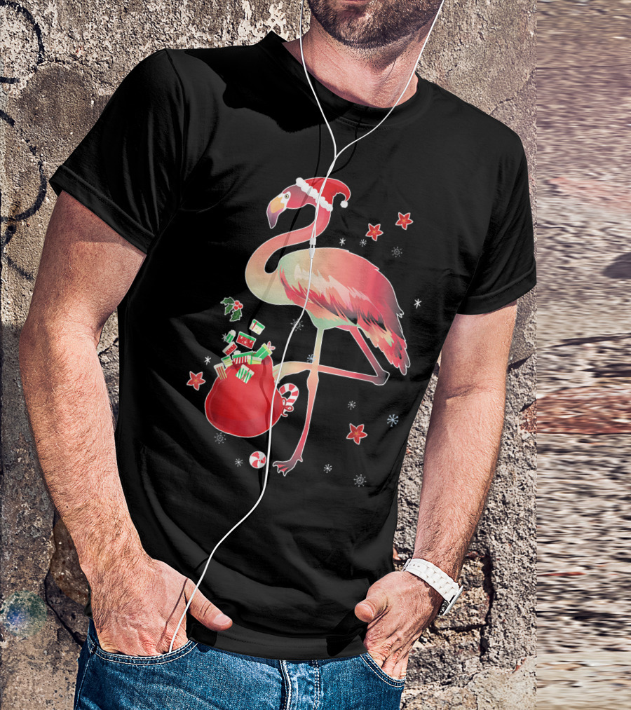 Ugly Christmas Funny Pink Flamingo With Santa Hat And Holiday Gift Bag T-Shirt
