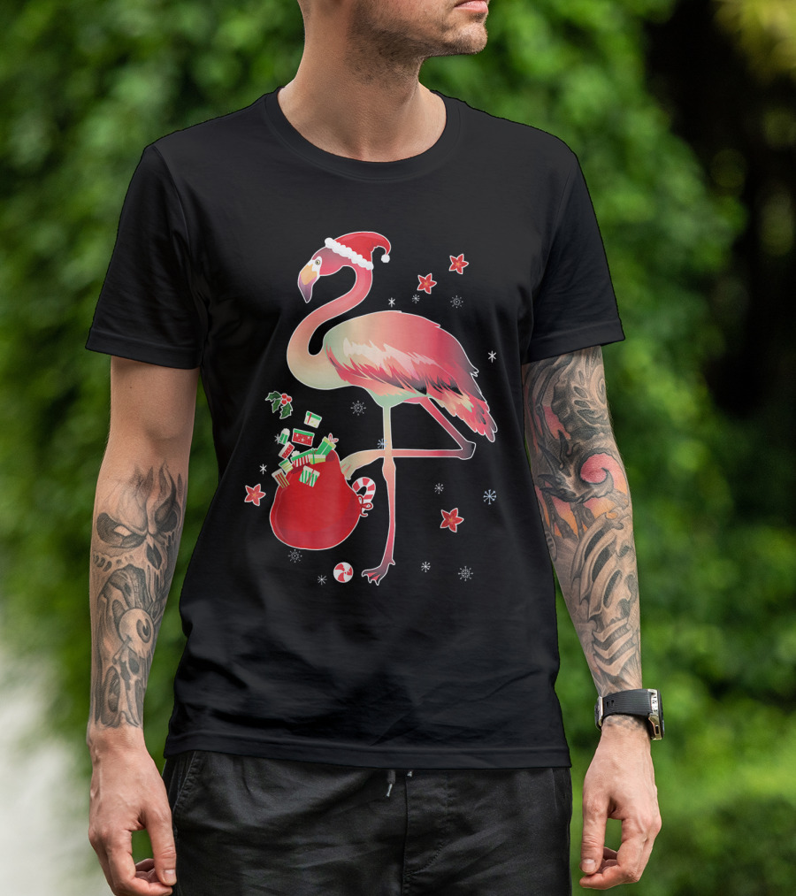 Ugly Christmas Funny Pink Flamingo With Santa Hat And Holiday Gift Bag T-Shirt