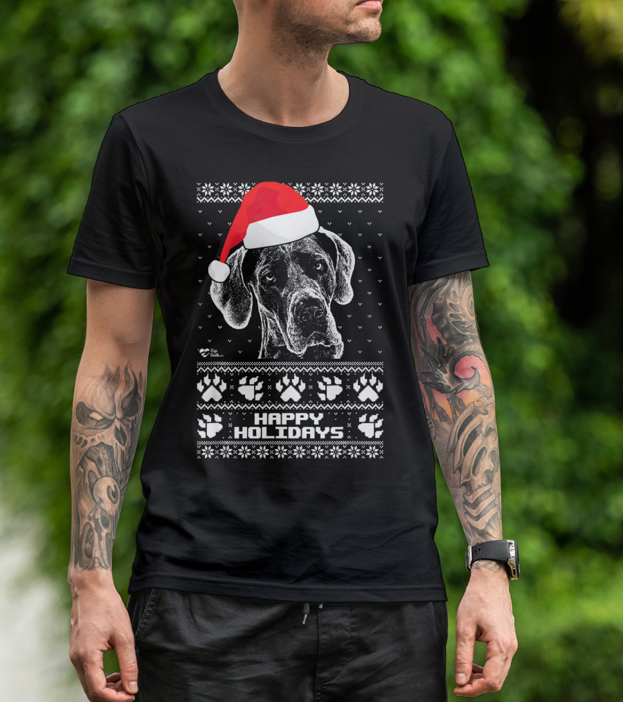 Great Dane Happy Holidays Santa Hat Paw Prints T-Shirt
