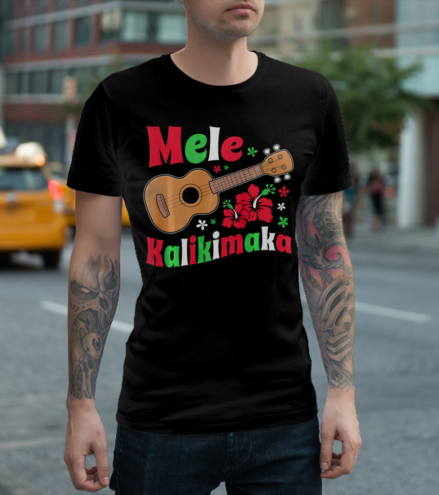 Mele Kalikimaka Ukulele Hibiscus Hawai Christmas T-Shirt