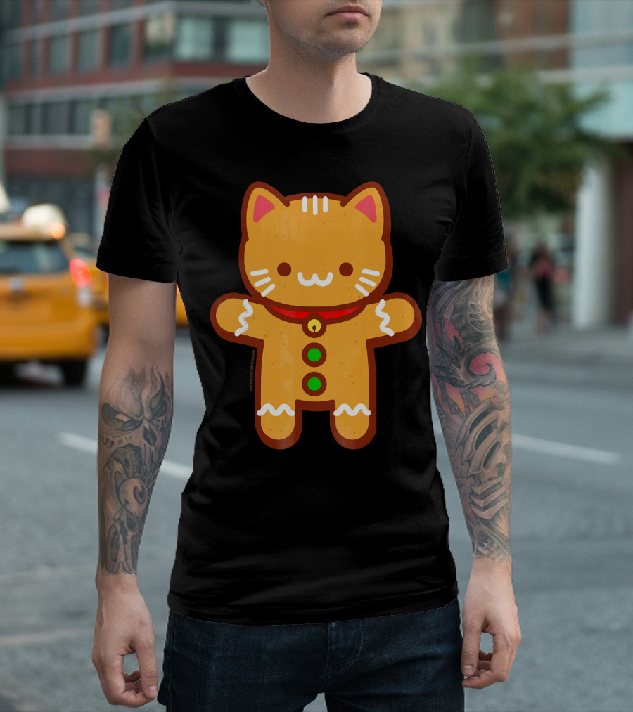 Cute Gingerbread Cat with Whiskers and Red Collar T-Shirt