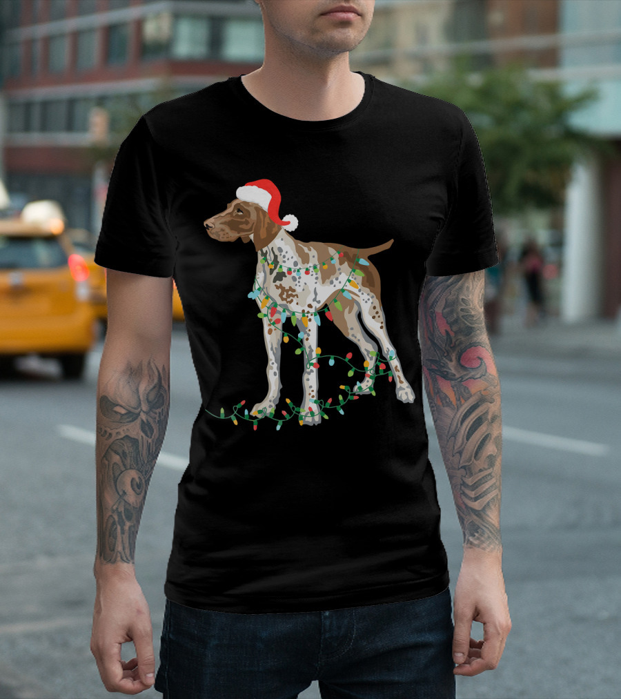 German Shorthaired Pointer Wearing Santa Hat with Christmas Lights Entwined T-Shirt
