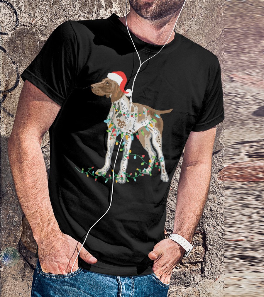 German Shorthaired Pointer Wearing Santa Hat With Christmas Lights Entwined T-Shirt