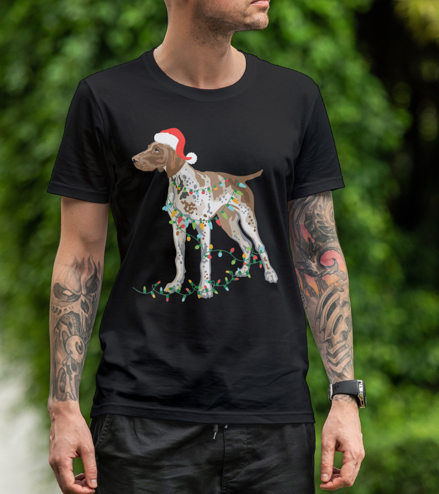 German Shorthaired Pointer Wearing Santa Hat With Christmas Lights Entwined T-Shirt