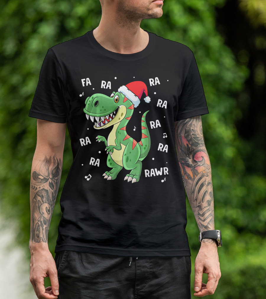 Fa Ra Ra Ra Rawr Dinosaur Rex In Santa Hat Singing Holiday Tune T-Shirt
