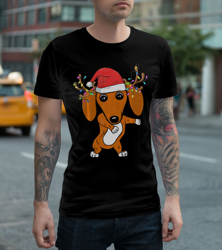 Dabbing Dachshund With Santa Hat And Reindeer Antlers T-Shirt