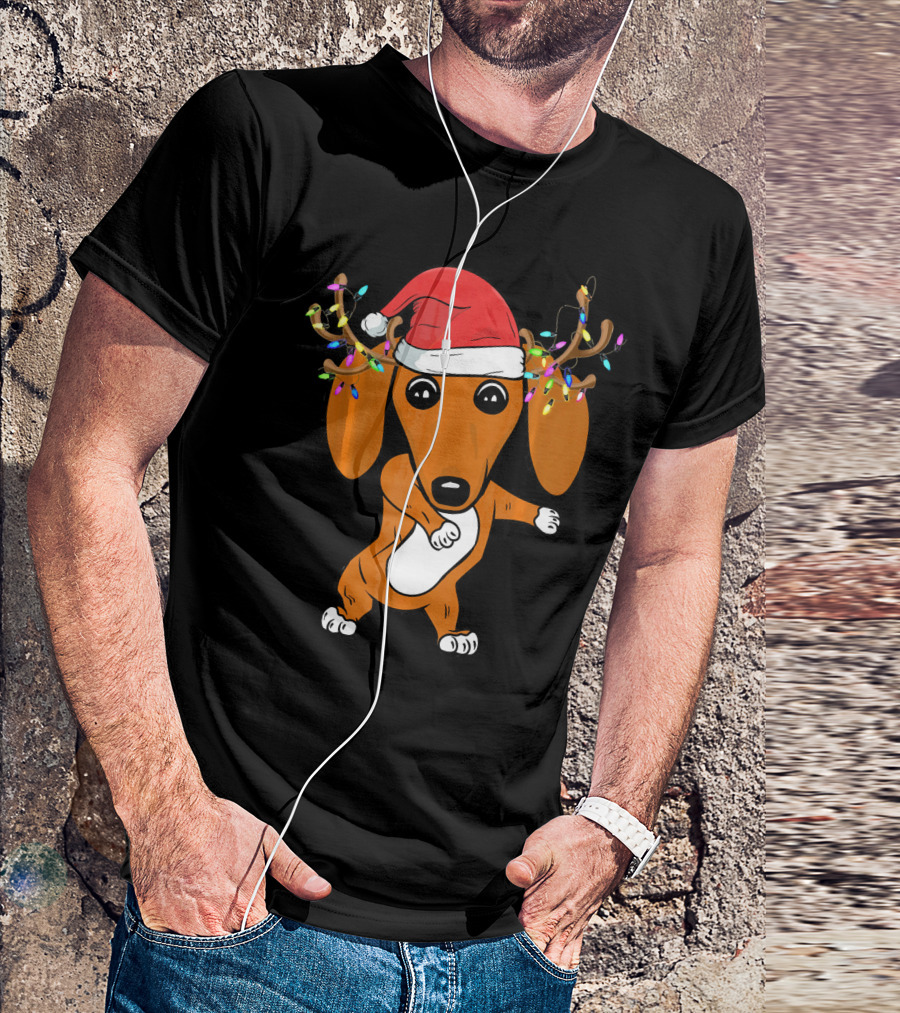 Dabbing Dachshund With Santa Hat And Reindeer Antlers T-Shirt