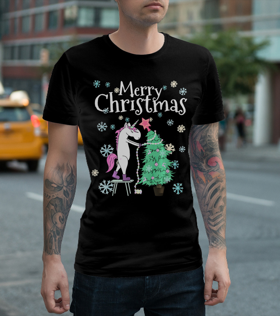 Merry Christmas Funny Unicorn Decorating Christmas Tree T-Shirt