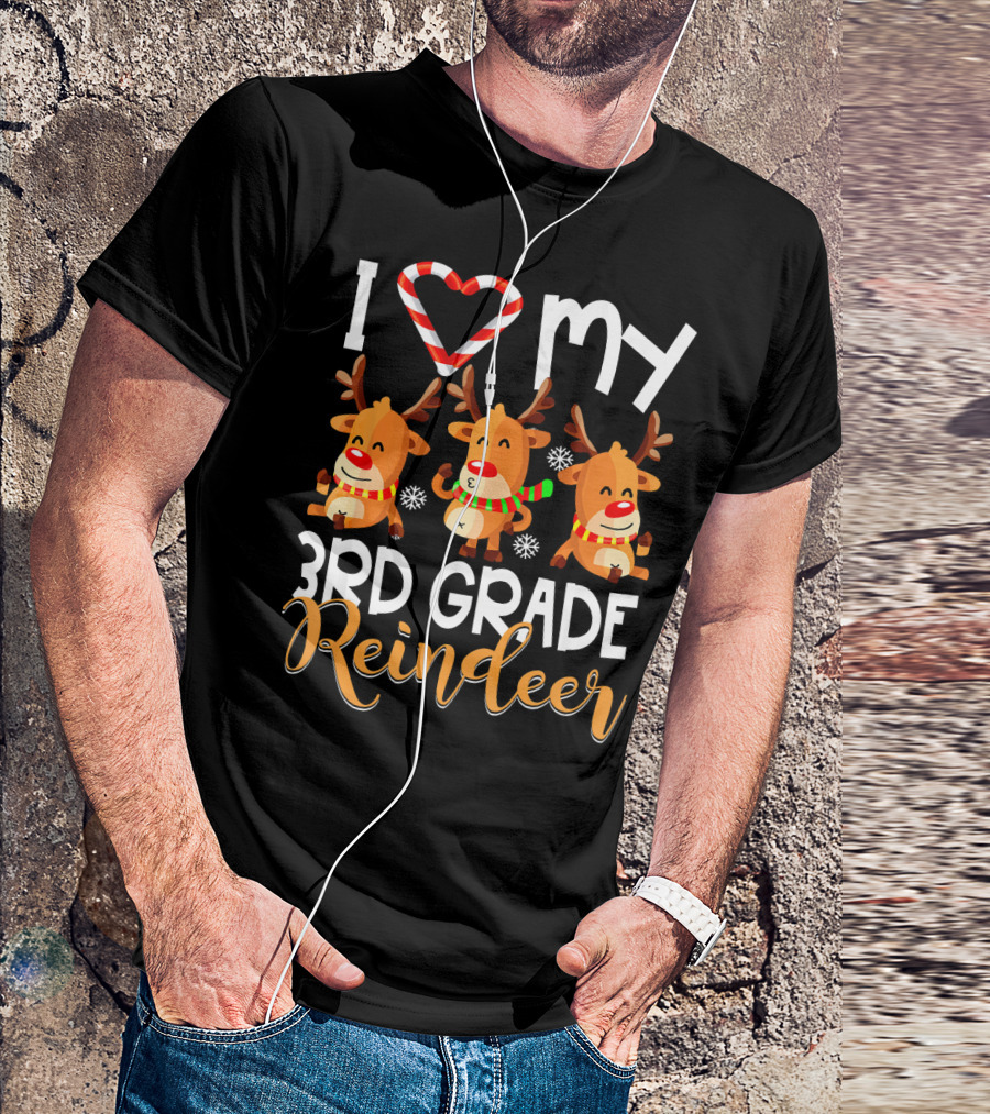 I Love My 3rd Grade Reindeer Christmas Design With Candy Cane Heart And Cute Reindeer Trio T-Shirt