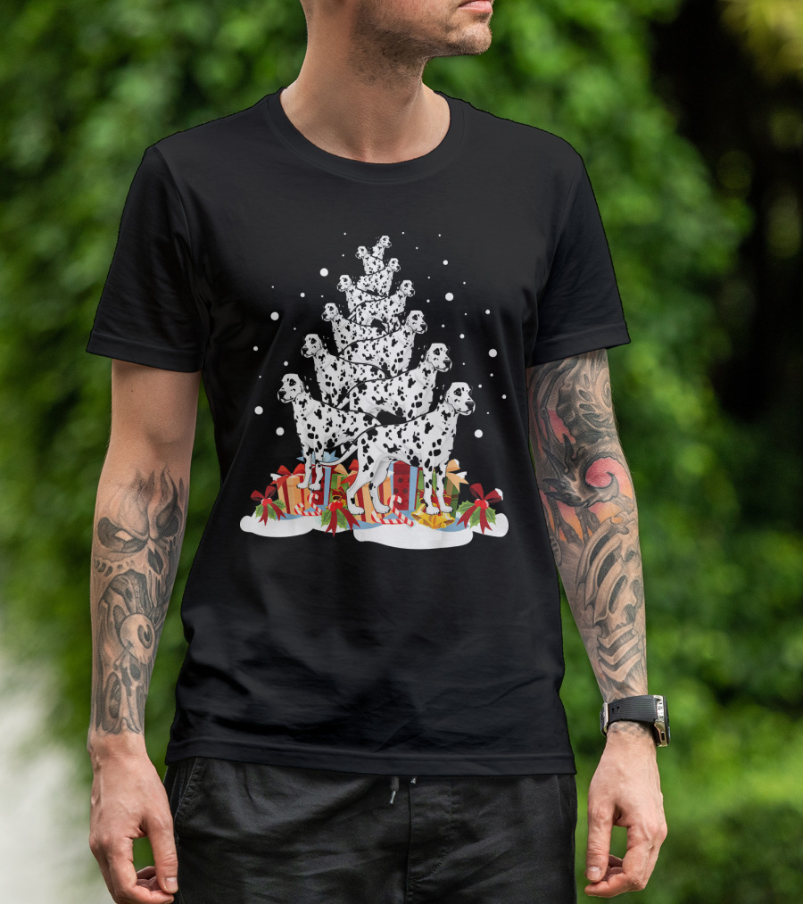 Dalmatian Merry Christmas Tree With Gifts And Snowflakes T-Shirt