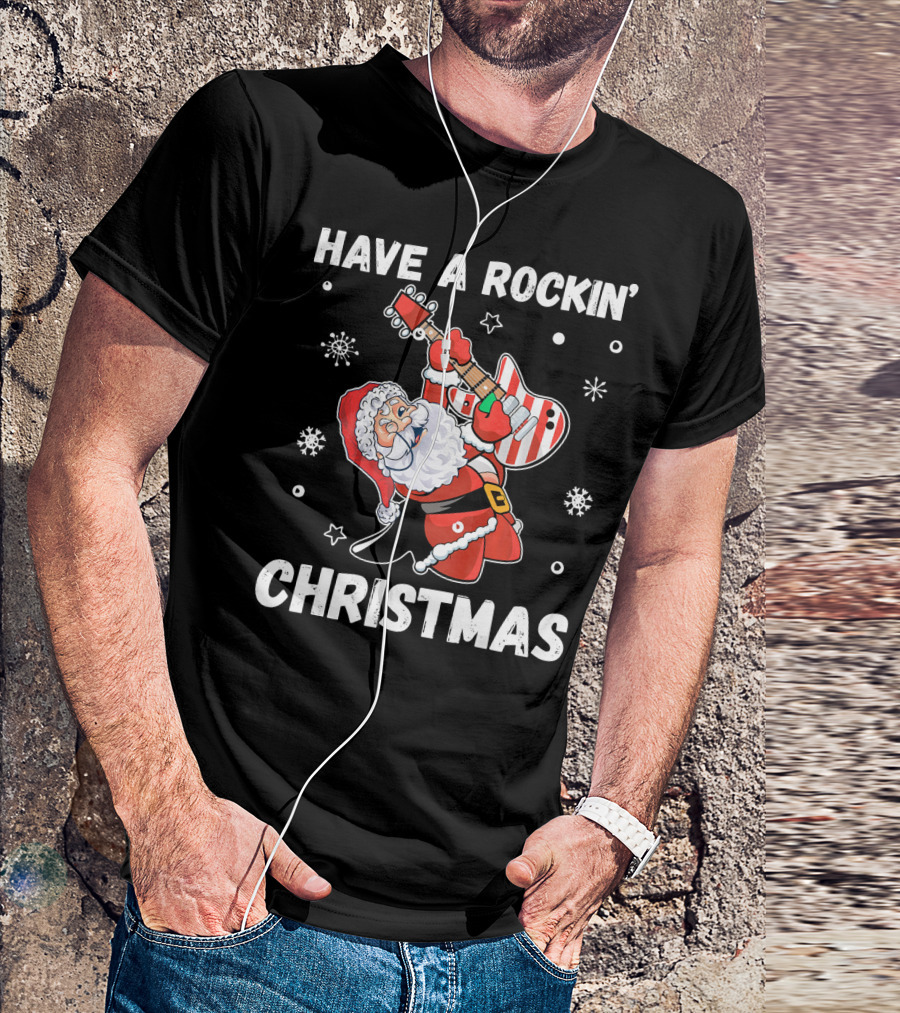 Have A Rockin' Christmas Guitarist Santa With Festive Snowflakes And Stars T-Shirt
