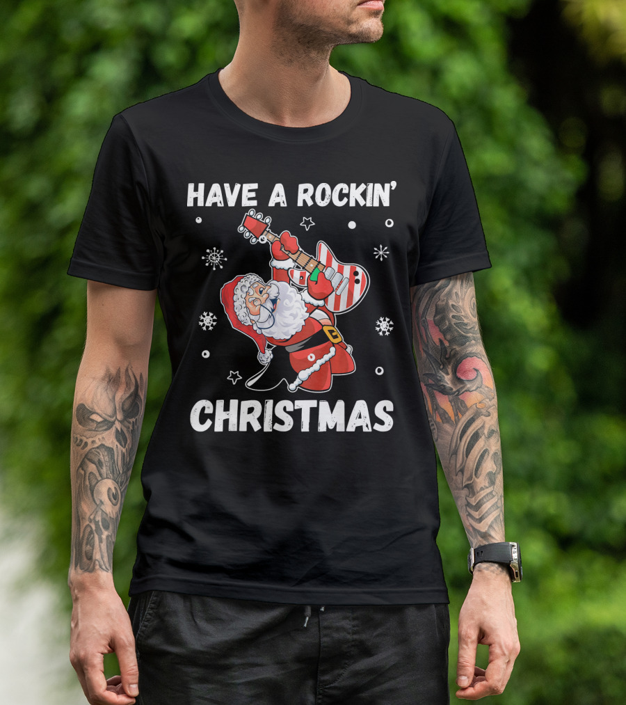 Have A Rockin' Christmas Guitarist Santa With Festive Snowflakes And Stars T-Shirt