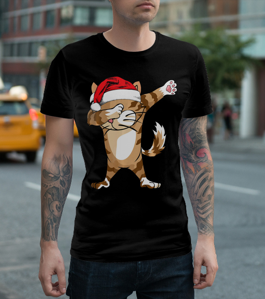Santa Hat Dabbing Cat Christmas Holiday Fun T-Shirt