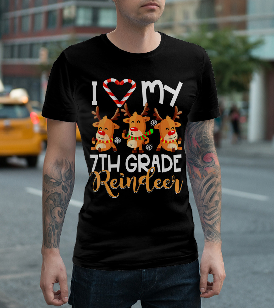I Love My 7th Grade Reindeer Christmas Candy Cane Snowflakes T-Shirt