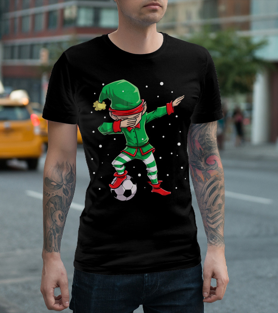 Christmas Soccer Dabbing Elf Kicking Ball in Snowy Scene T-Shirt