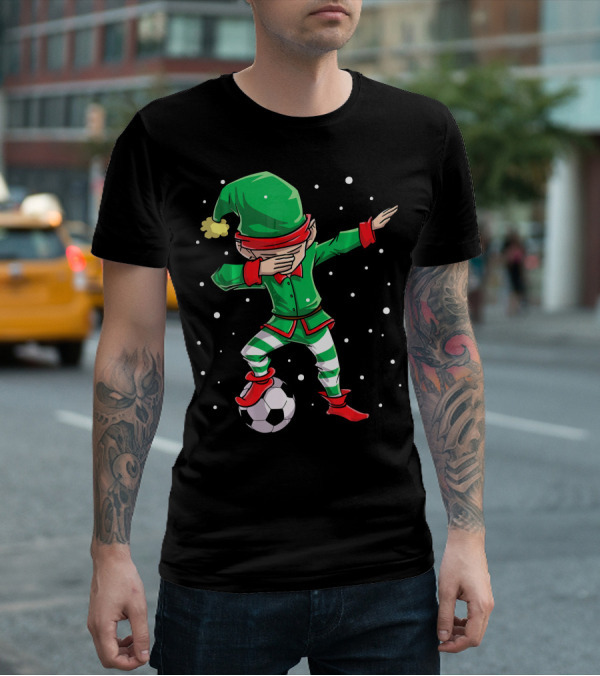 Christmas Soccer Dabbing Elf Kicking Ball In Snowy Scene T-Shirt