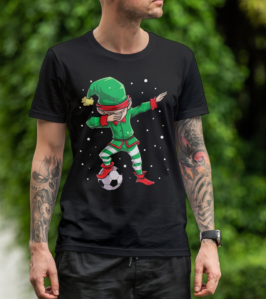 Christmas Soccer Dabbing Elf Kicking Ball In Snowy Scene T-Shirt