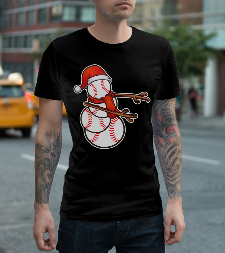 Santa Hat Snowman Made of Baseballs Flossing T-Shirt