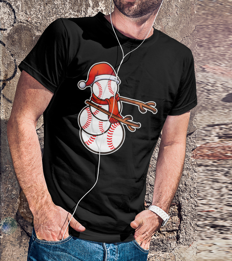 Santa Hat Snowman Made Of Baseballs Flossing T-Shirt