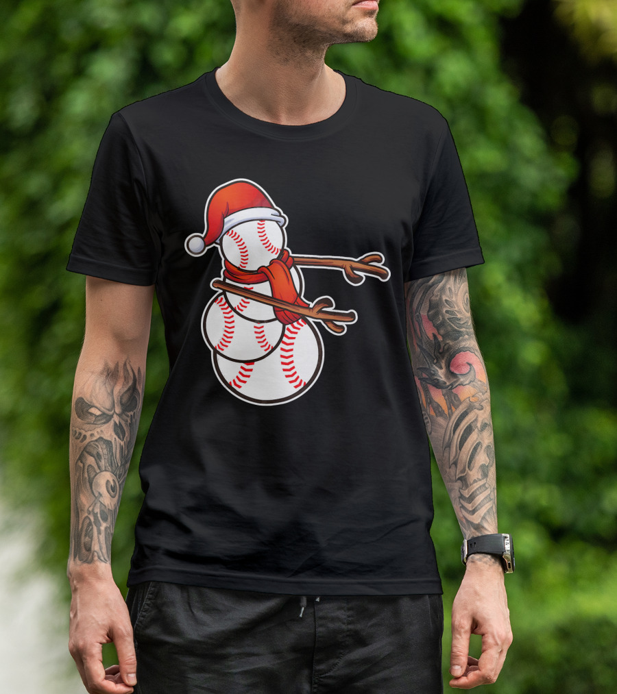 Santa Hat Snowman Made Of Baseballs Flossing T-Shirt