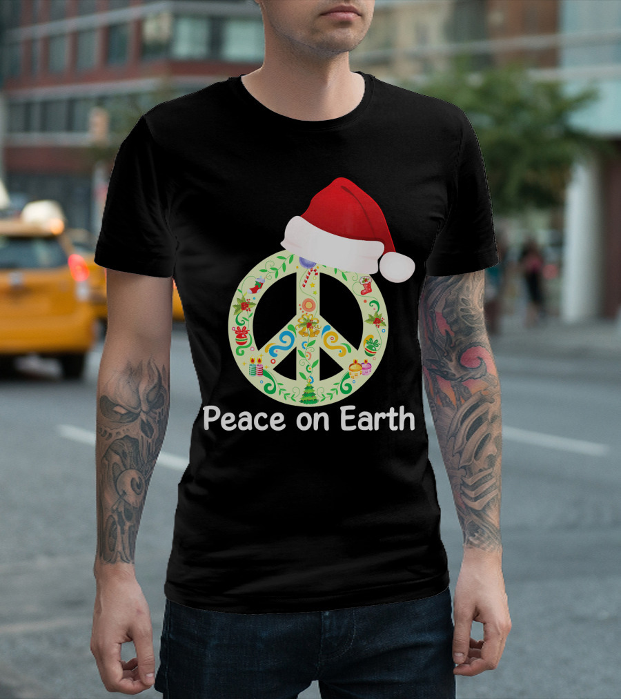 Peace On Earth Santa Hat Christmas Peace Sign T-Shirt