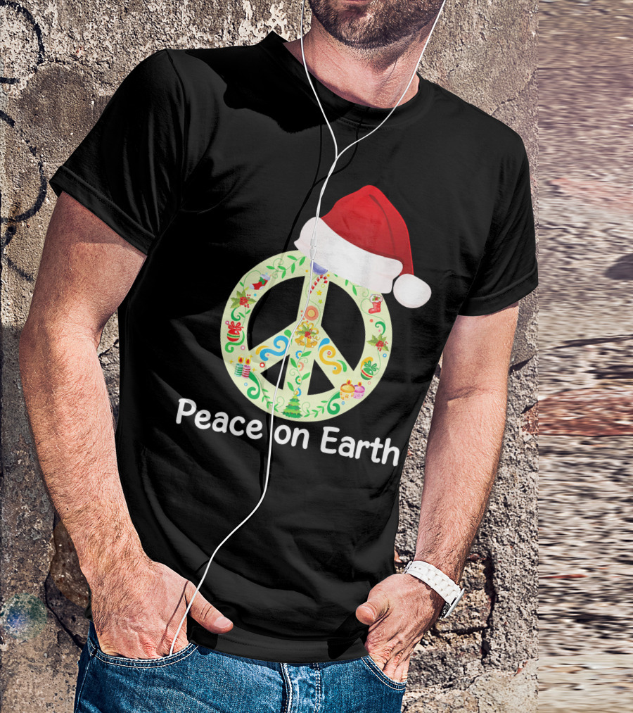 Peace On Earth Santa Hat Christmas Peace Sign T-Shirt