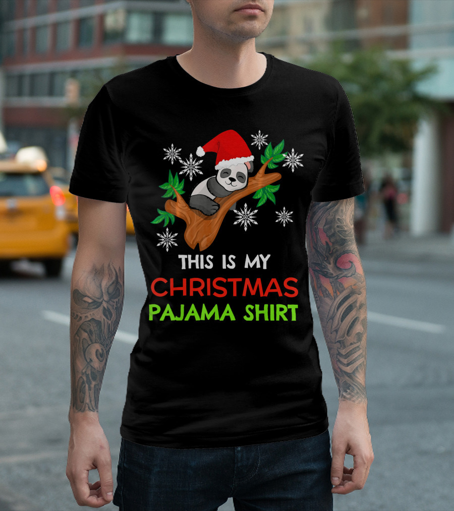 THIS IS MY CHRISTMAS PAJAMA SHIRT PANDA SANTA HAT SNOWFLAKES T-Shirt