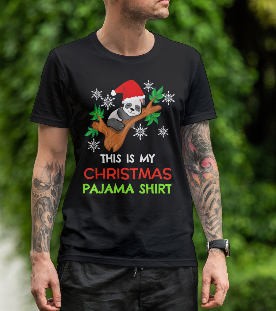 THIS IS MY CHRISTMAS PAJAMA SHIRT PANDA SANTA HAT SNOWFLAKES T-Shirt
