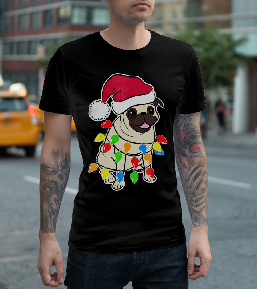 Christmas Pug Santa Pug With Festive Lights And Santa Hat T-Shirt