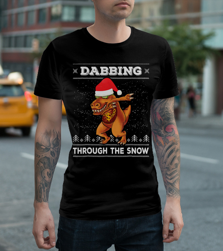Dabbing T-Rex Through the Snow Santa Hat Ugly T-Shirt