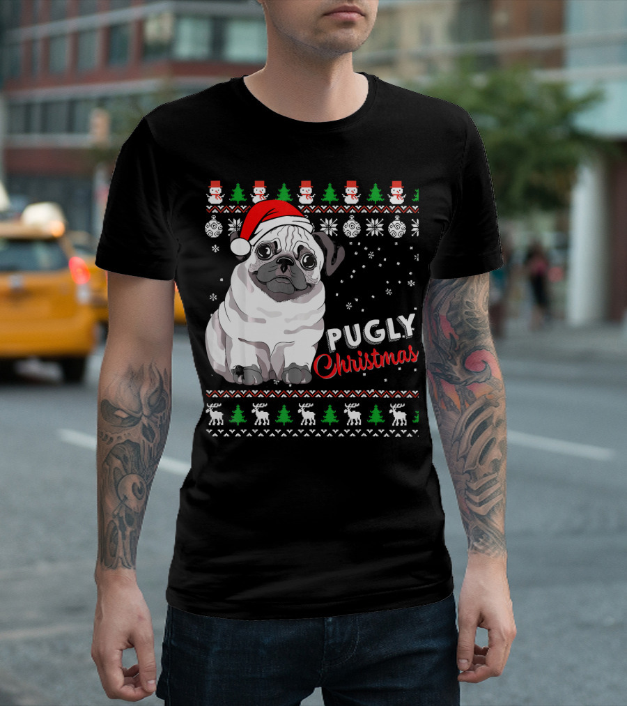 Pugly Christmas Santa Hat Snowflakes Ugly T-Shirt