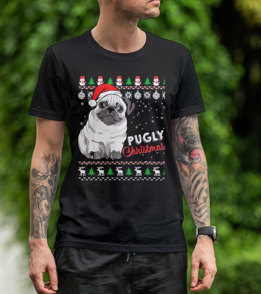 Pugly Christmas Santa Hat Snowflakes Ugly T-Shirt