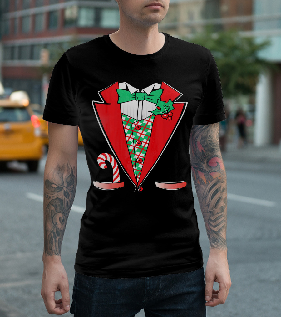 Christmas Tuxedo Candy Cane Bow Tie Holly Lapel T-Shirt