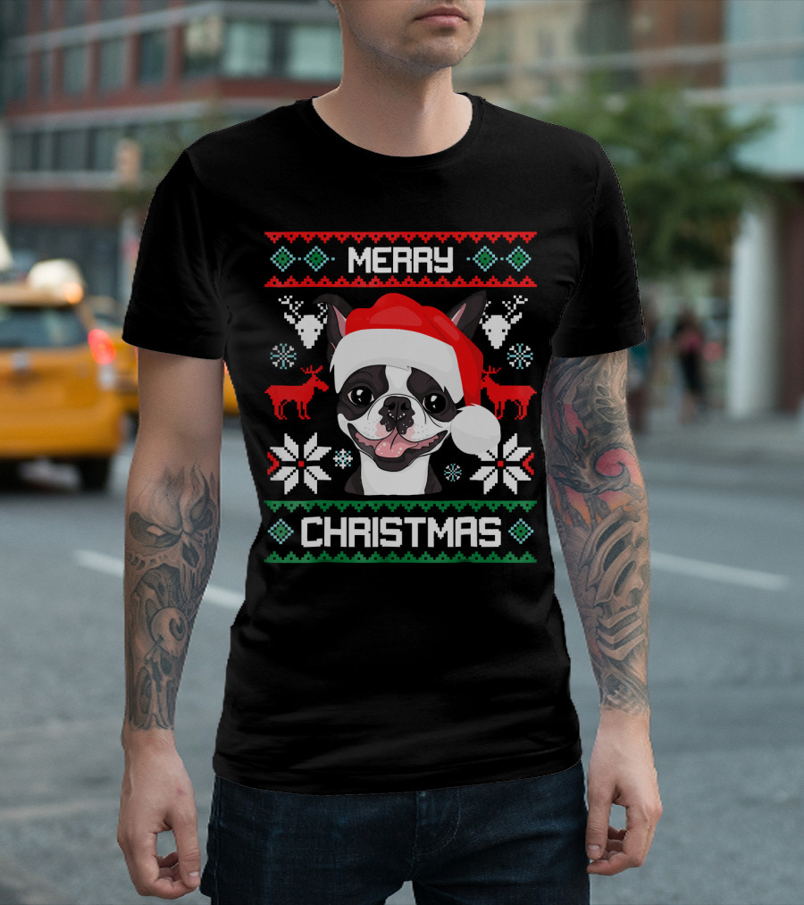 Merry Christmas Boston Terrier Santa Hat Ugly Sweater Holiday T-Shirt
