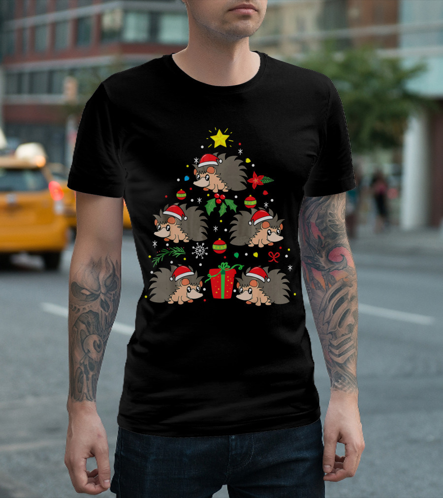 Santa Hat Hedgehog Christmas Tree With Ornaments And Gift T-Shirt
