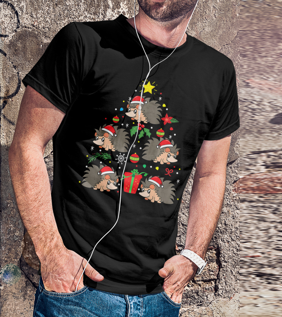 Santa Hat Hedgehog Christmas Tree With Ornaments And Gift T-Shirt