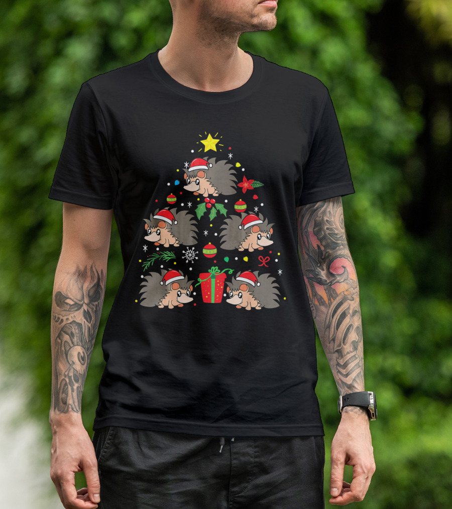 Santa Hat Hedgehog Christmas Tree With Ornaments And Gift T-Shirt