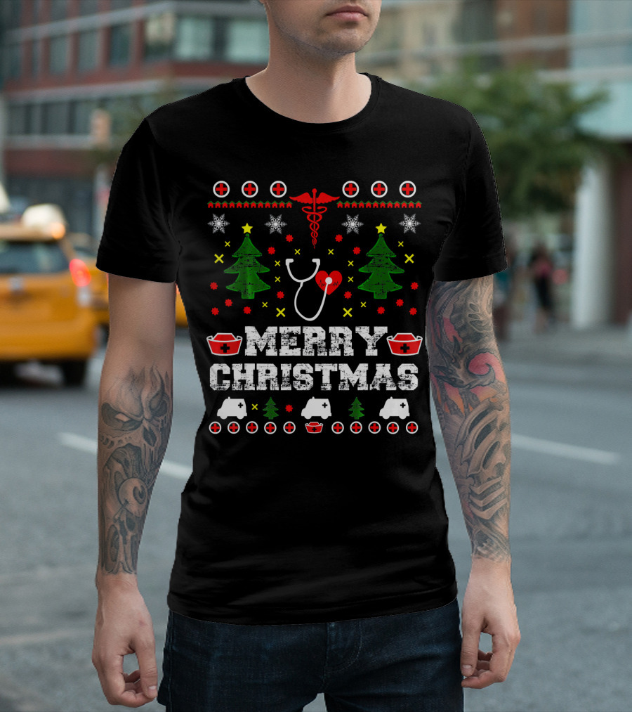 MERRY CHRISTMAS Nurse Ugly Stethoscope and Medical Symbols T-Shirt