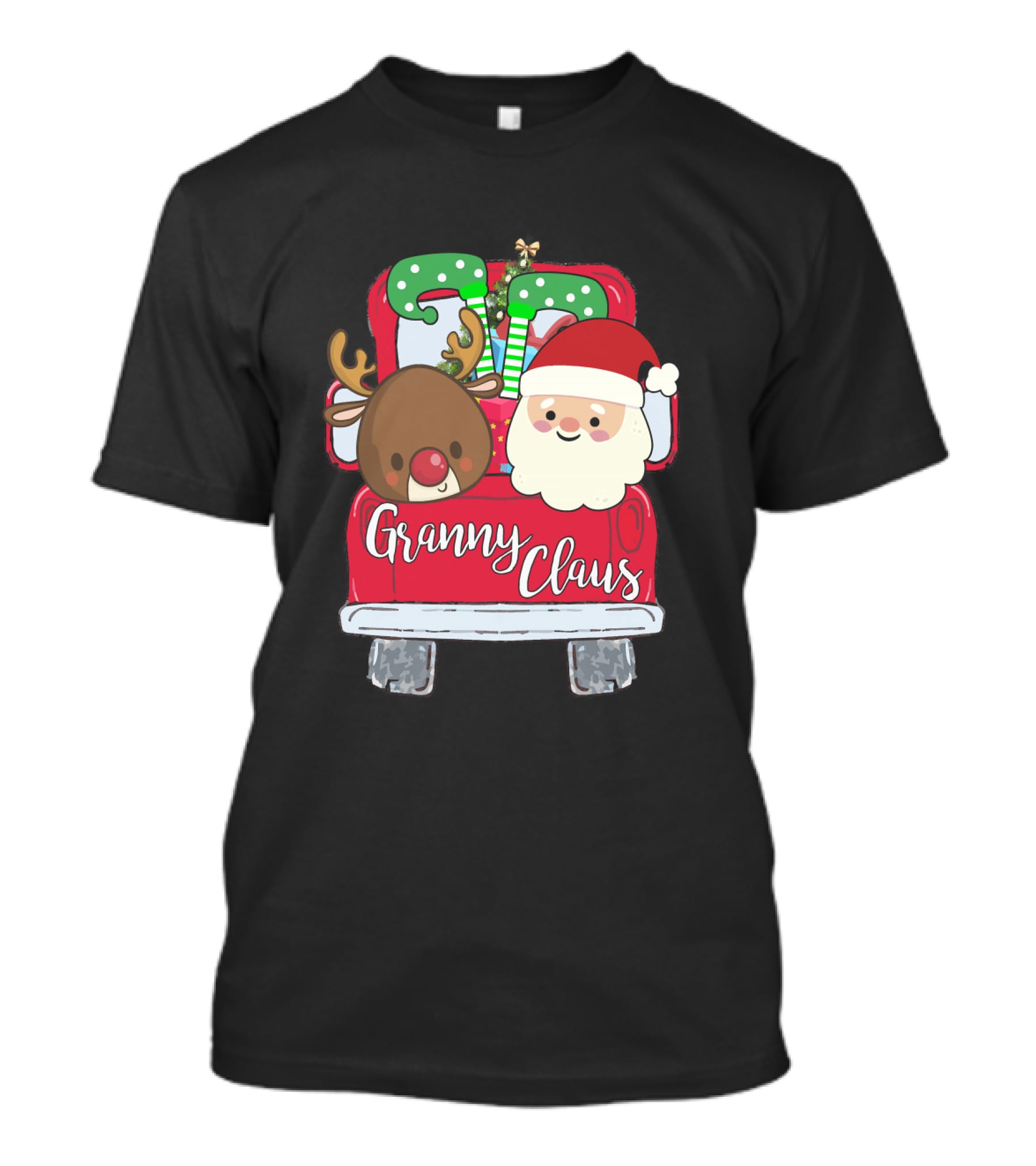 Granny Claus Santa And Reindeer In Christmas Car With Gifts T-Shirt