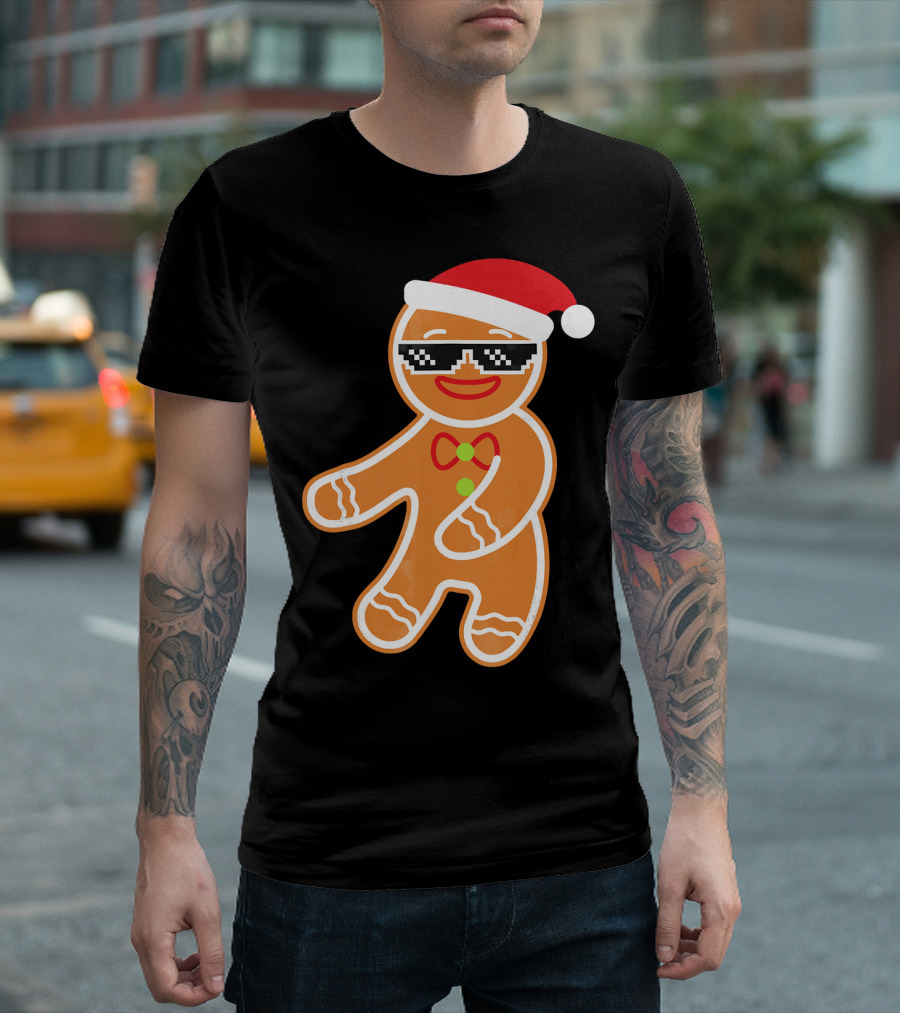 Flossing Gingerbread with Santa Hat and Sunglasses T-Shirt