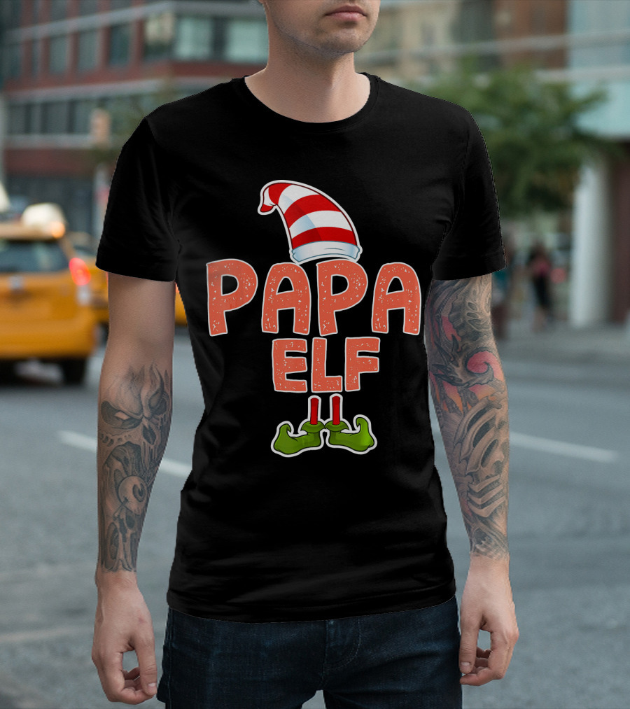 Papa Elf Funny Merry Christmas Striped Hat And Green Shoes T-Shirt