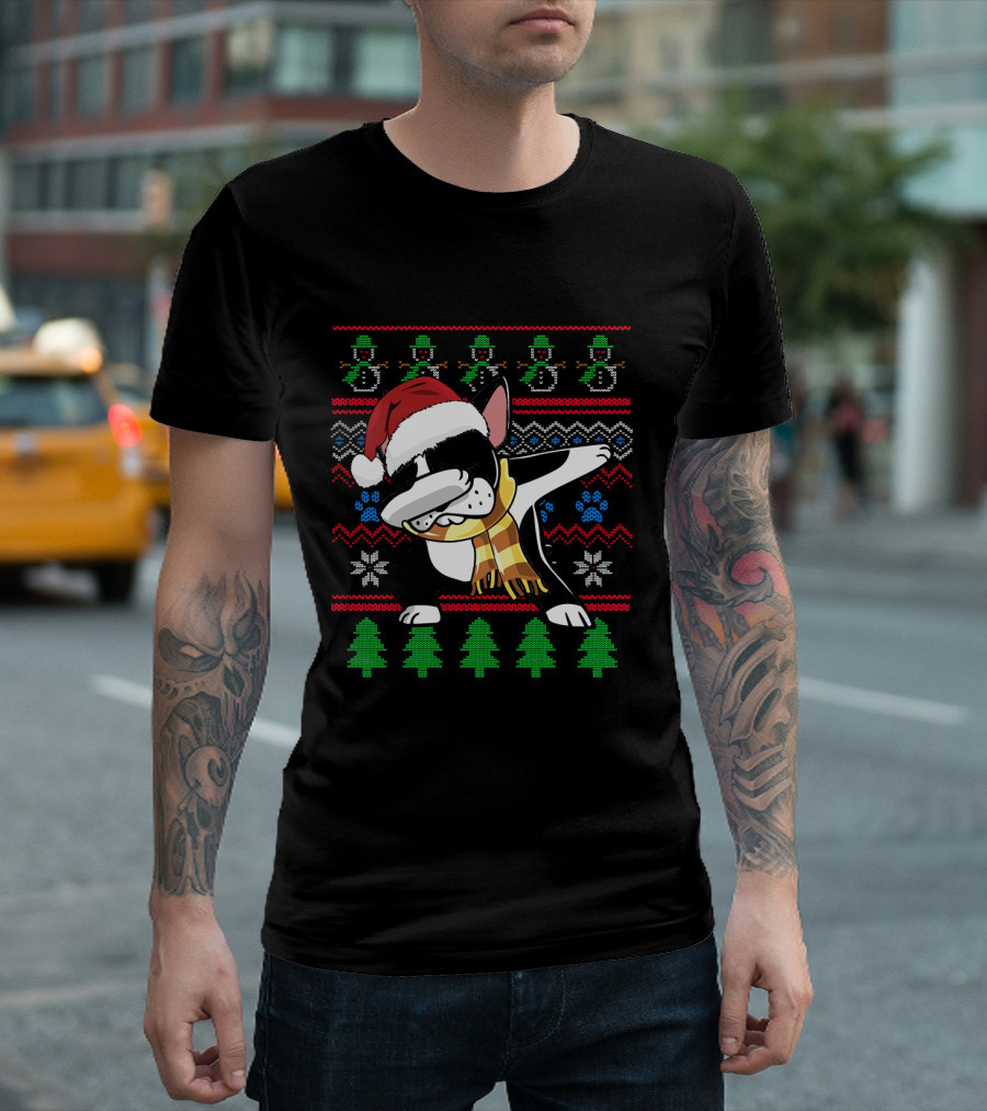 Boston Terrier Dabbing Santa Hat UglyStyl Christmas Sweater Snowmen Trees T-Shirt