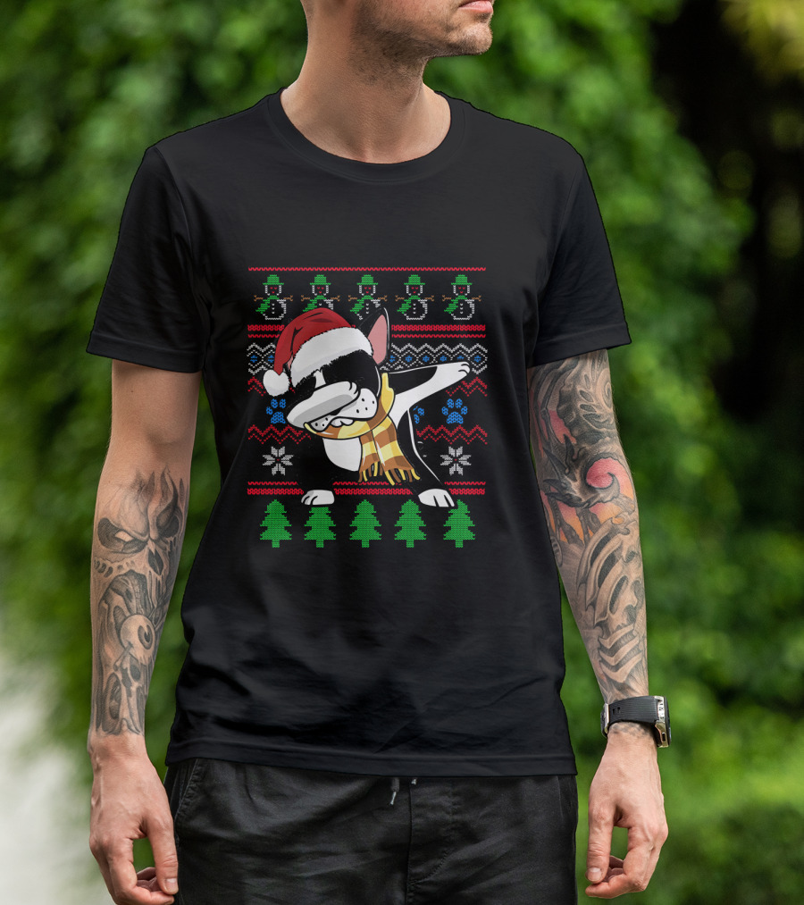 Boston Terrier Dabbing Santa Hat UglyStyl Christmas Sweater Snowmen Trees T-Shirt