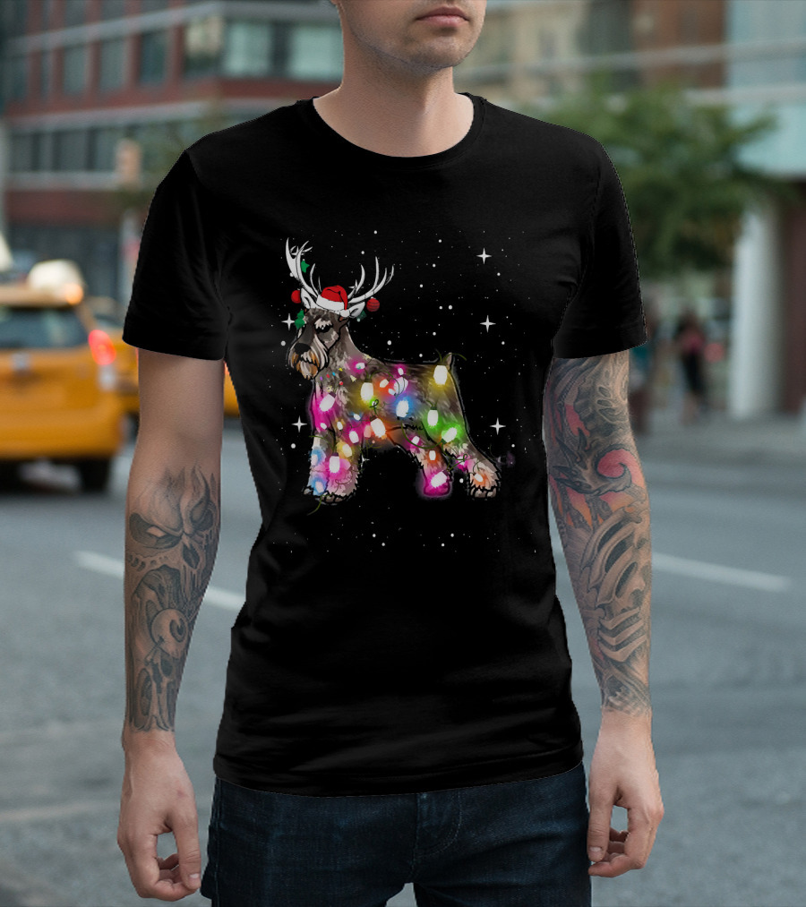 Festive Christmas Lights Standard Schnauzer with Santa Hat and Reindeer Antlers T-Shirt