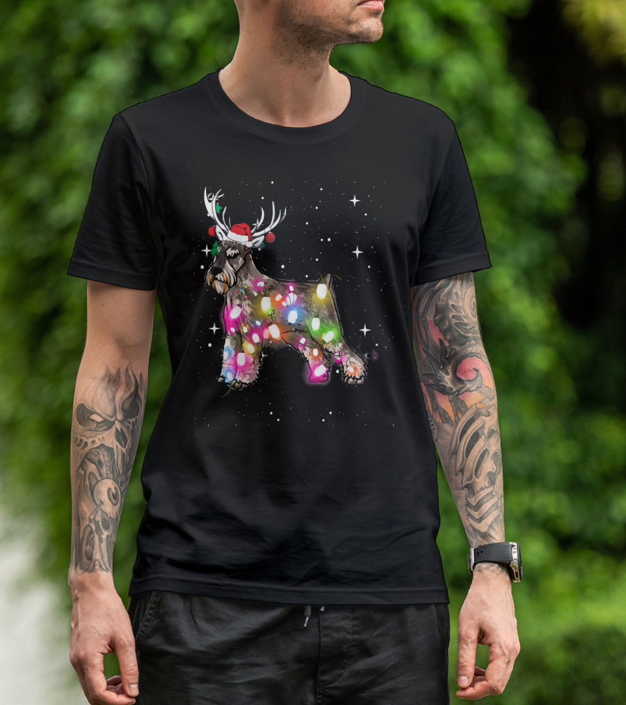 Festive Christmas Lights Standard Schnauzer With Santa Hat And Reindeer Antlers T-Shirt