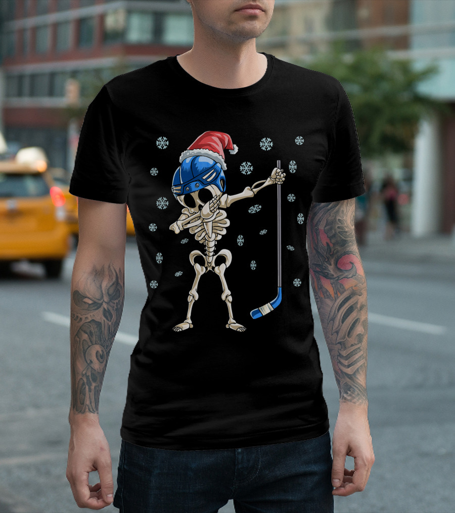 Santa Hat Dabbing Skeleton Ice Hockey with Snowflakes T-Shirt