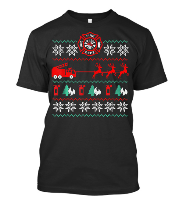 Fire Department Holiday Sweater Firetruck And Reindeer T-Shirt